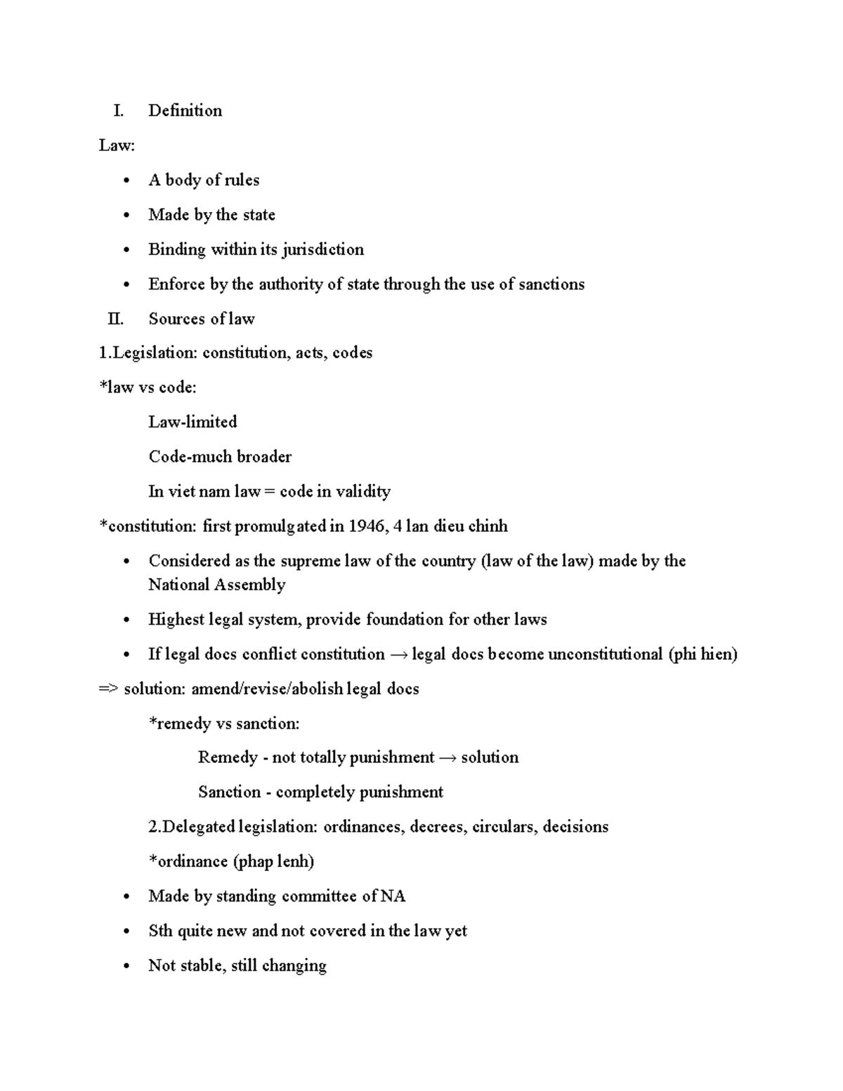 NOTE - CHAPTER 1 INTRODUCTION TO LAW - I. Definition Law: A body of ...