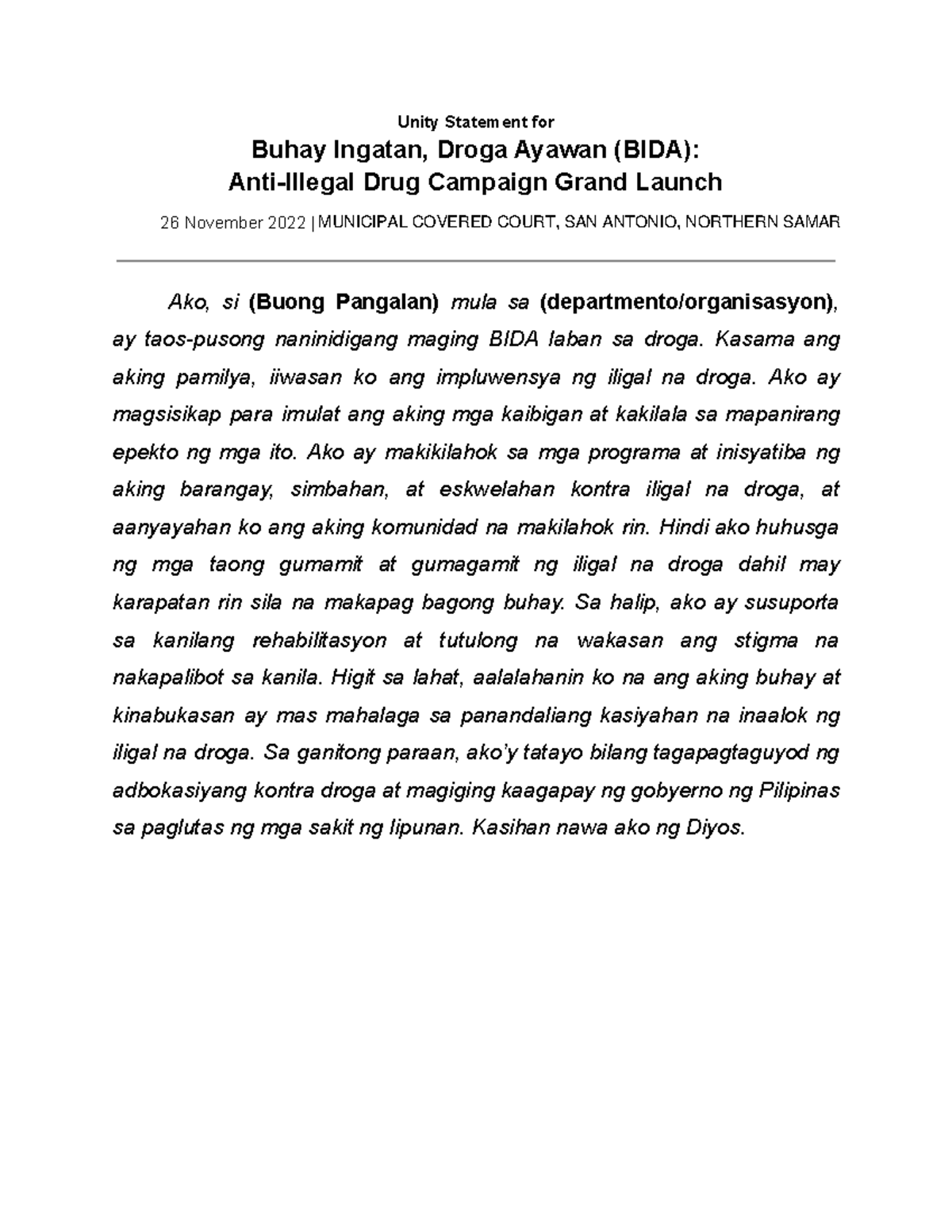 Ousppac Draft 2 BIDA Launch Unity Statement - Unity Statement for Buhay ...