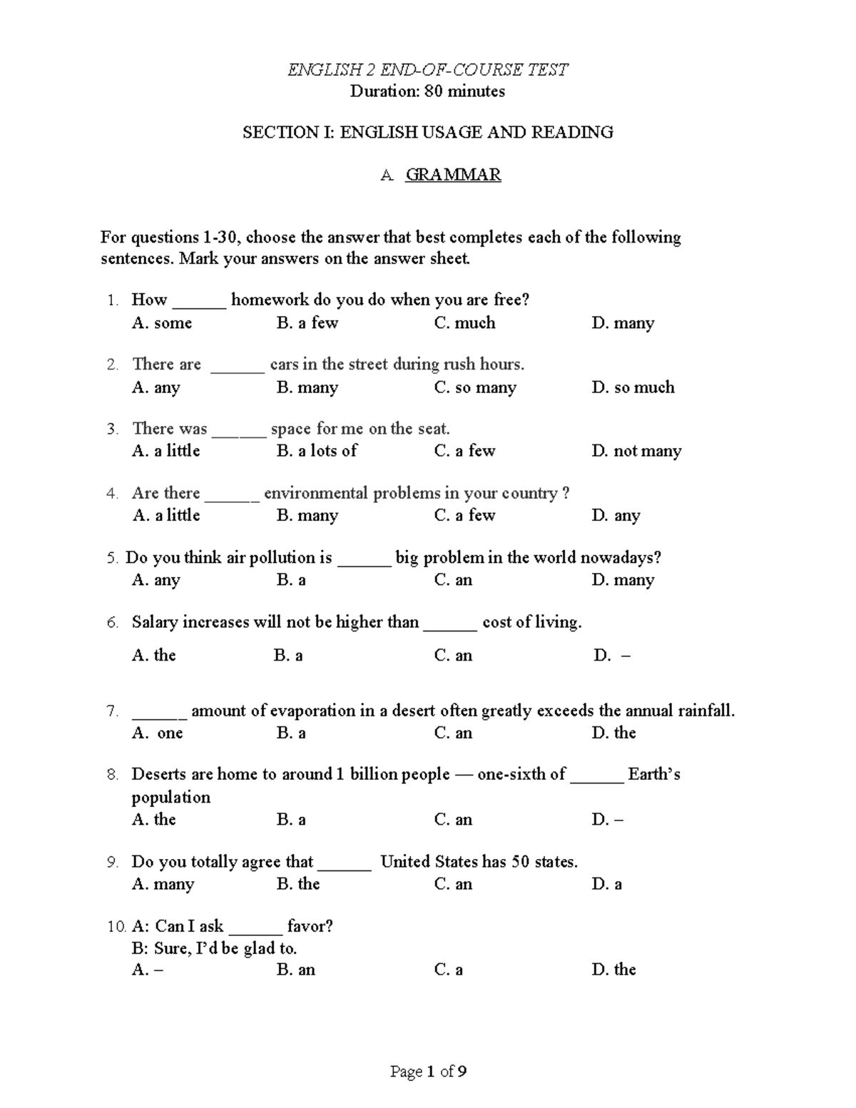 ENGLISH 2 PRACTICE TEST: USAGE, READING & WRITING SECTION - Studocu