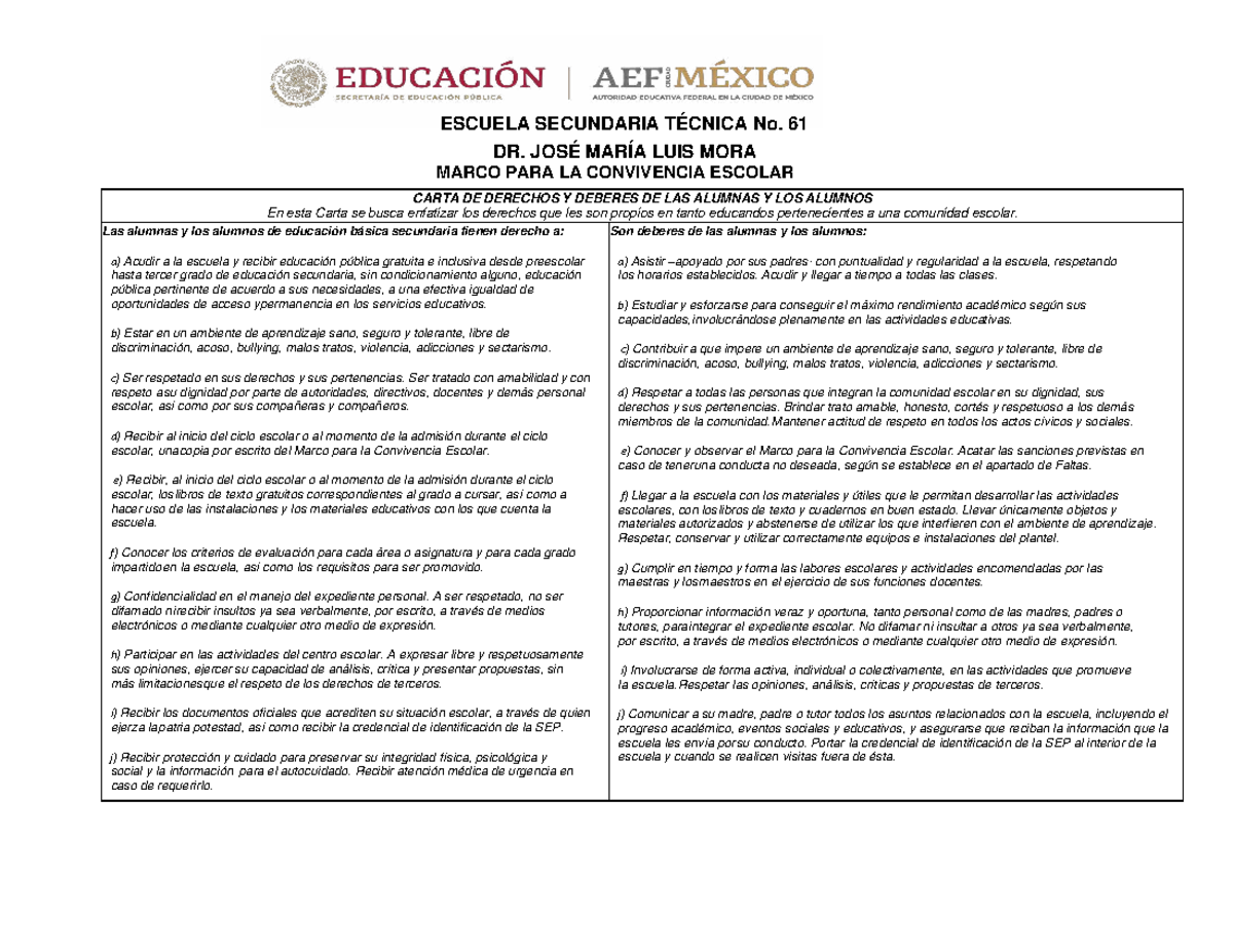 Marco PARA LA Convivencia Escolar - ESCUELA SECUNDARIA TÉCNICA No. 61