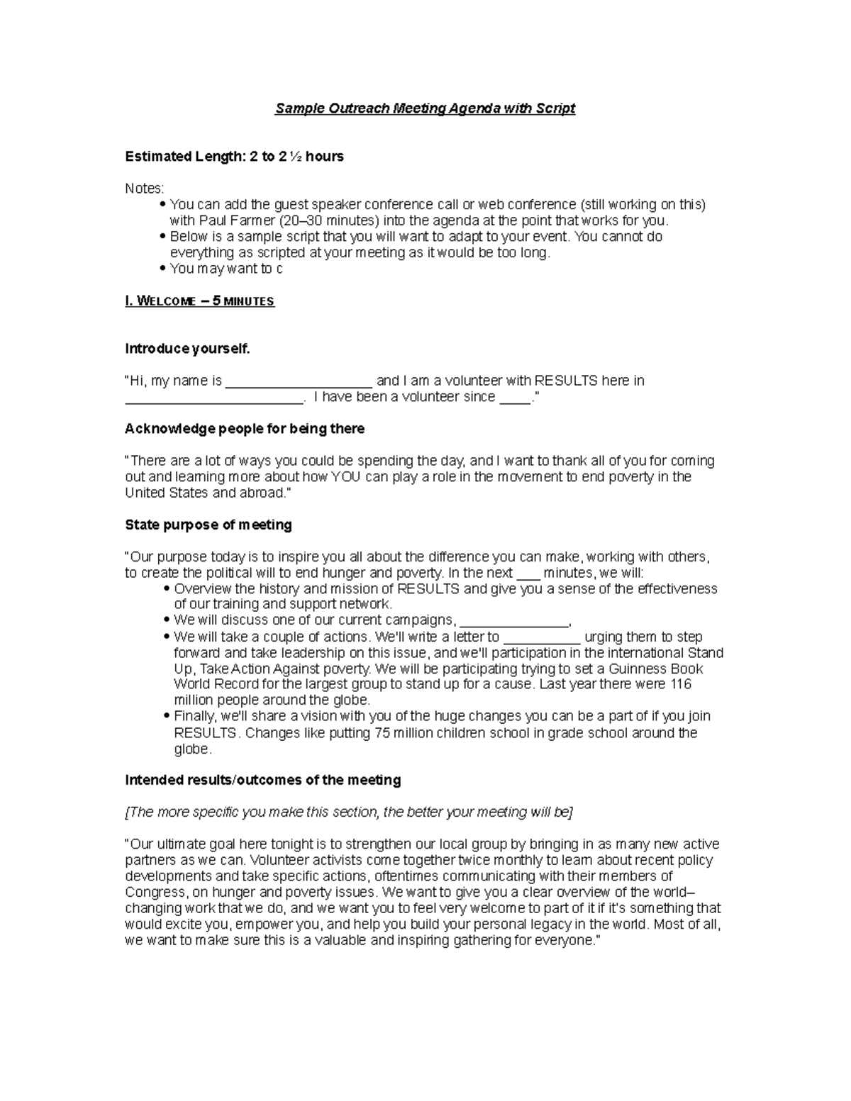 Sample Outreach Meeting Agenda with Script 9-6-09 - Sample Outreach ...