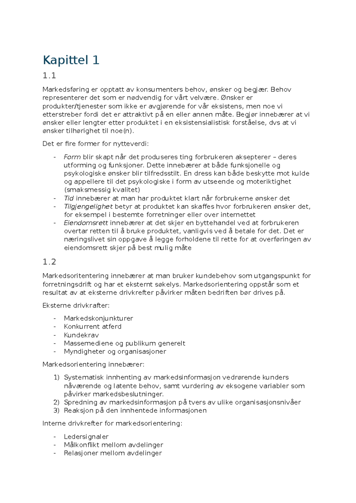Markedsføring Notater fra Boken - Kapittel 1 og 2 - Studocu