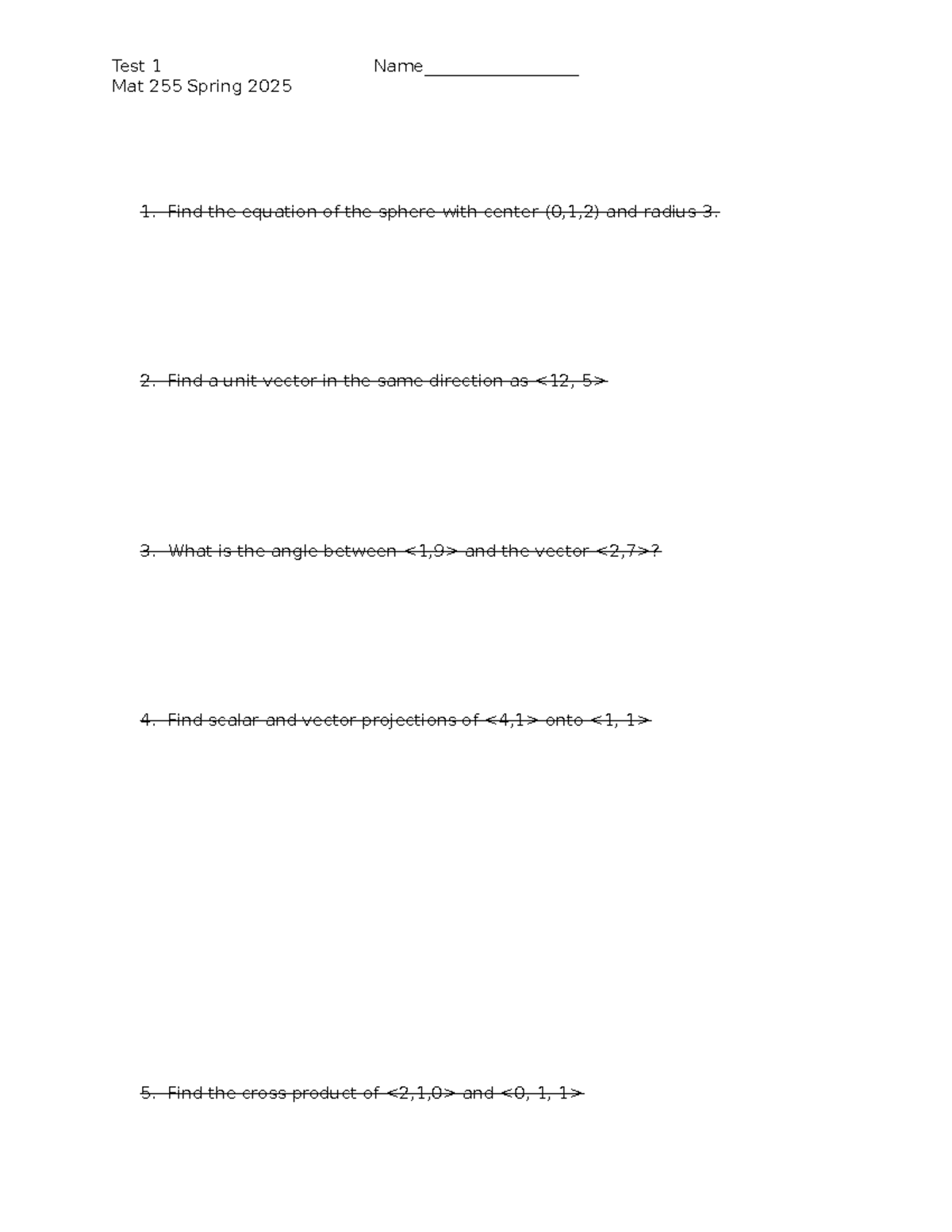 Mat 255 Spring 2025: Test 1 on Spheres and Vector Calculus - Studocu