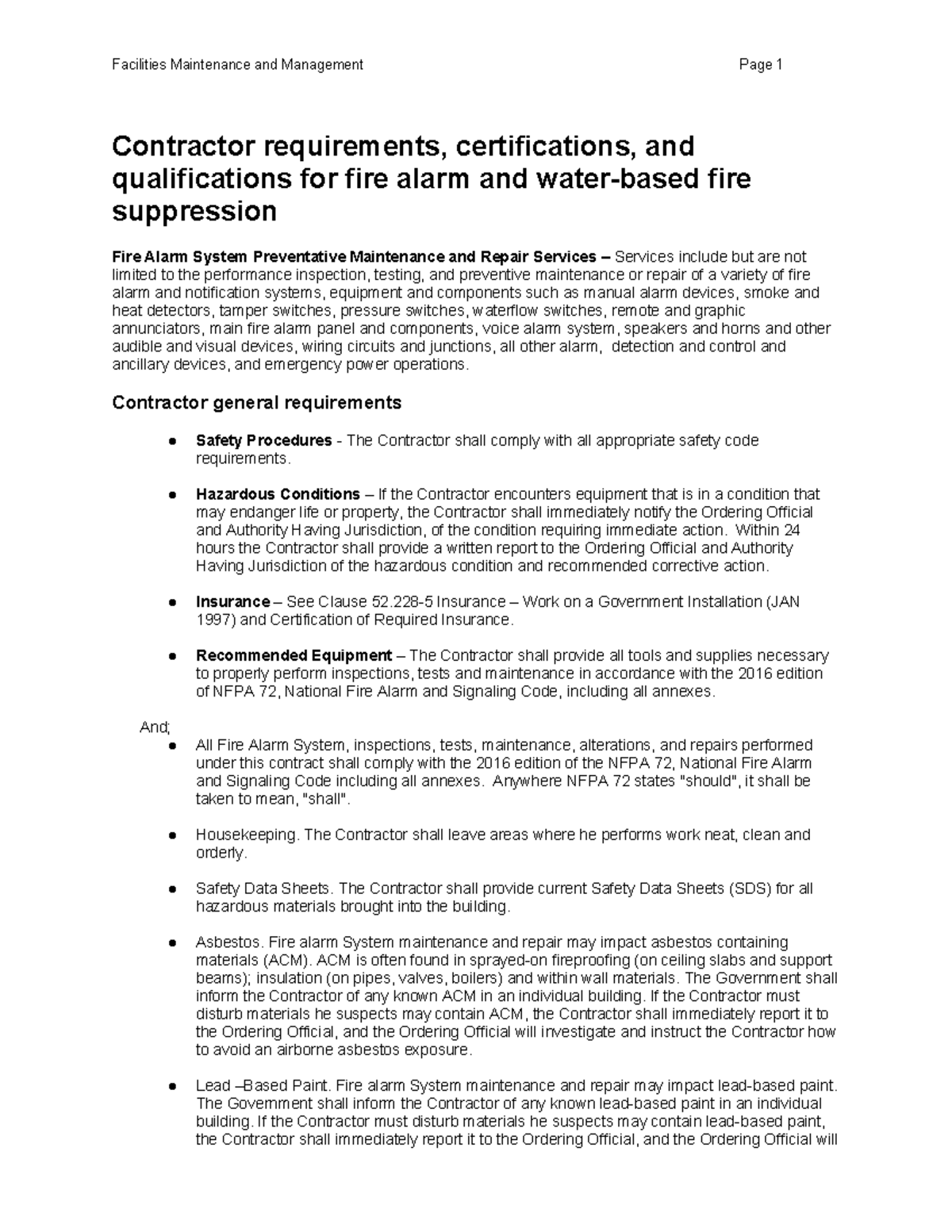 Specific requirements for fire alarm and water based fire suppression ...