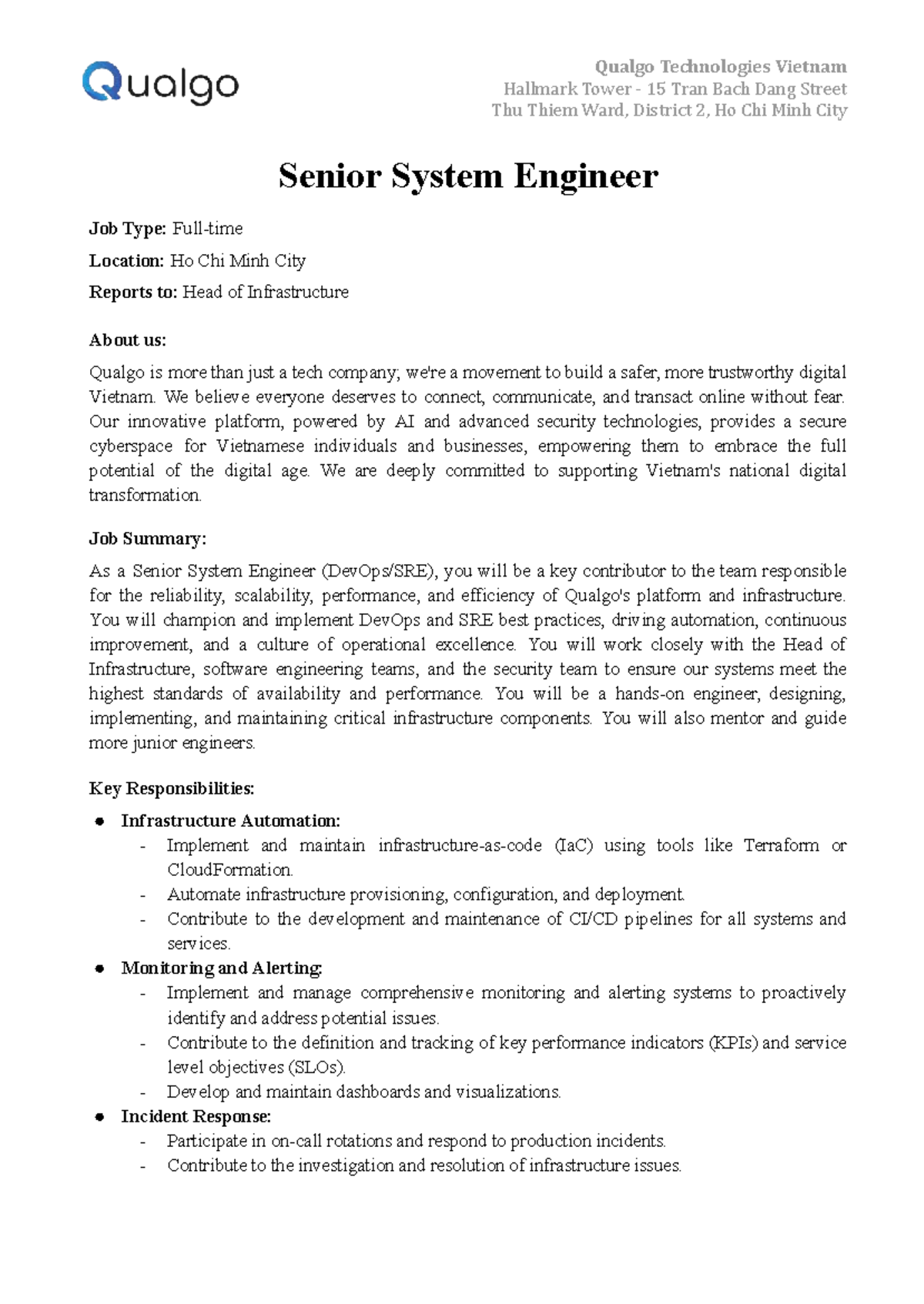 JD for Senior System Engineer at Qualgo Technologies (Ho Chi Minh City ...