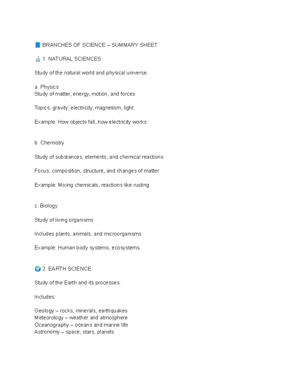 Branches of Science Summary Sheet: Natural, Earth, Social, Applied, and ...