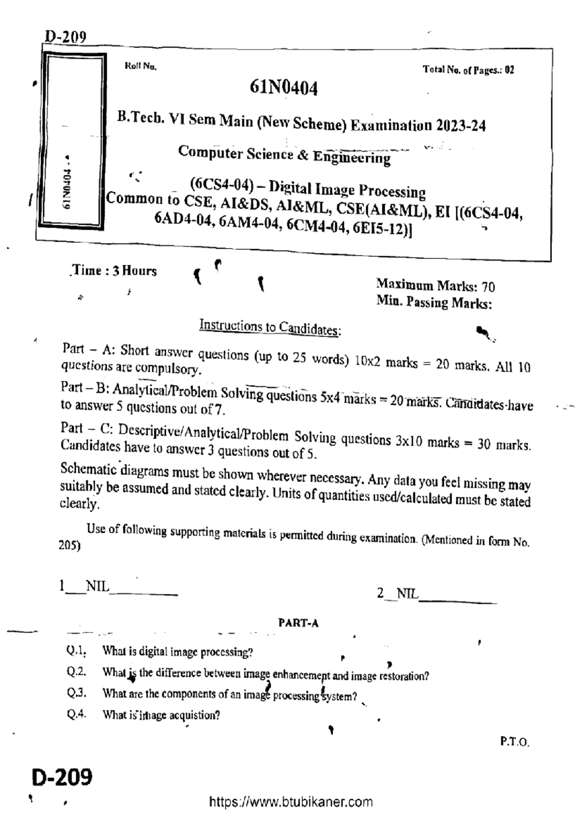 BTech CS AI VI Sem Digital Image Processing Exam 61N0404 2024 Guide ...
