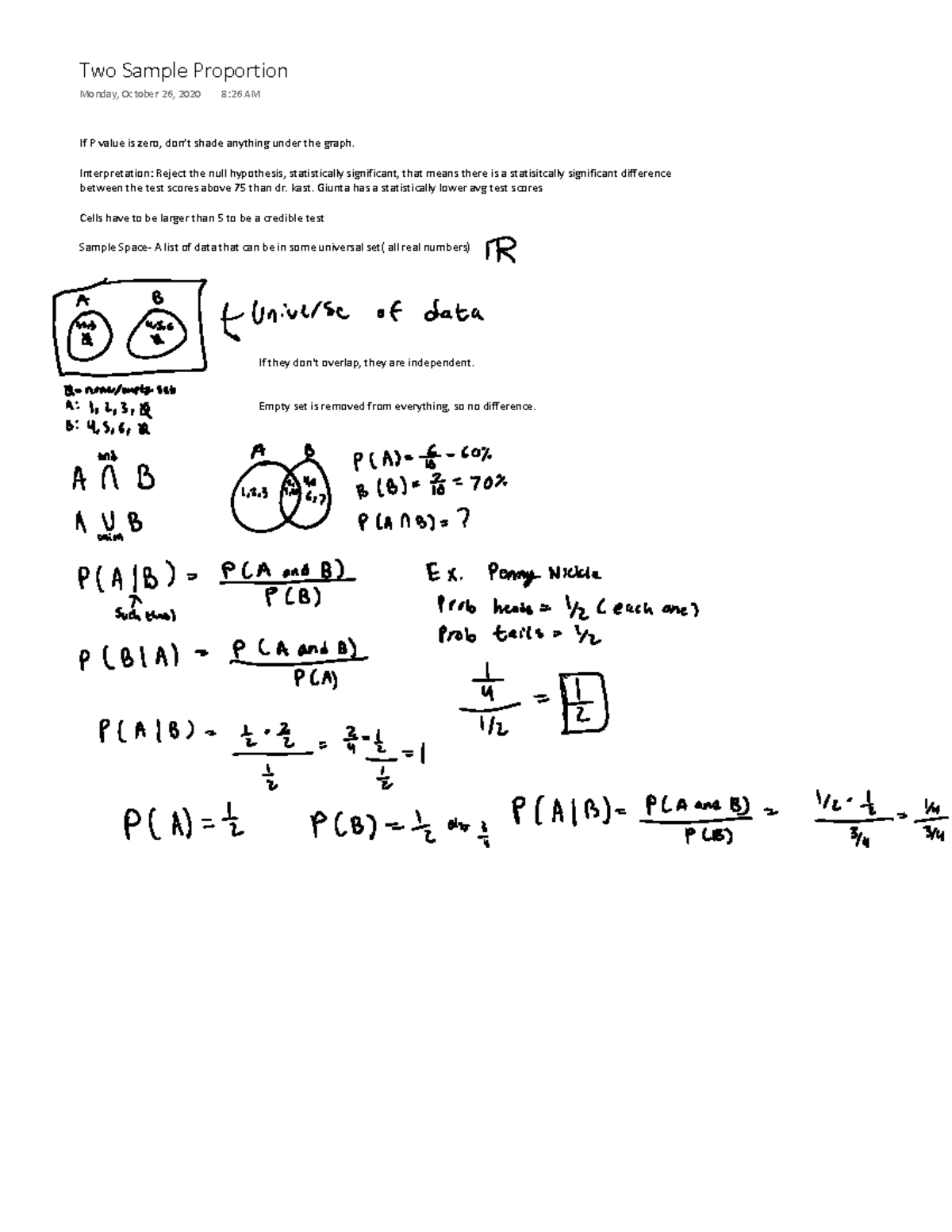 Two Sample Proportion Notes for Midterm - Two Sample Proportion Monday ...