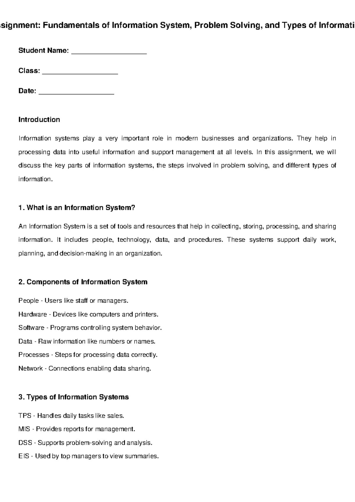 Assignment: Fundamentals of Information Systems and Problem Solving ...