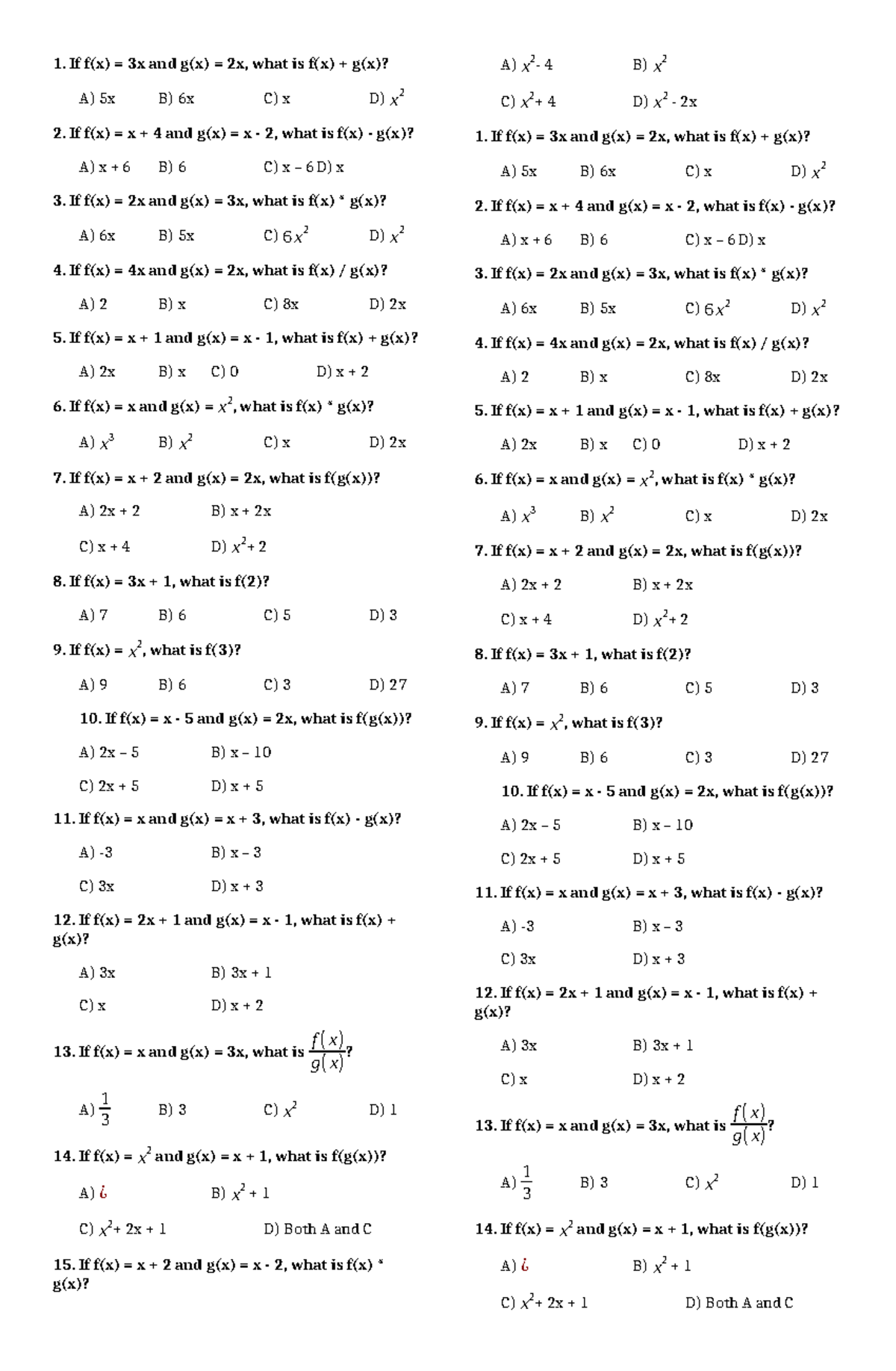 Function Operations Quiz Math101 Studocu