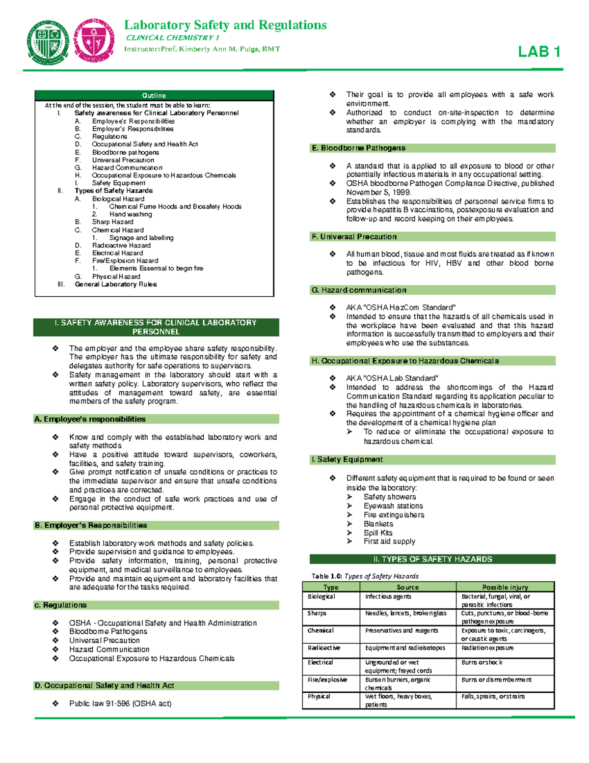 Clinical Chemistry Trans 1 - Laboratory Safety Overview and Hazards ...