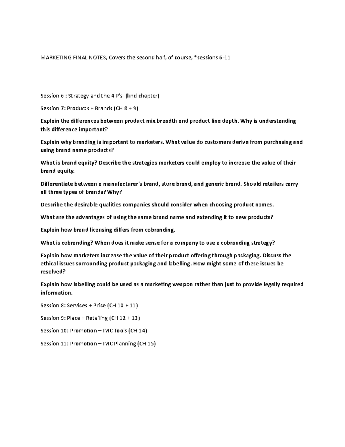 Marketing 101 Final Exam Notes: Key Topics from Sessions 6-11 - Studocu