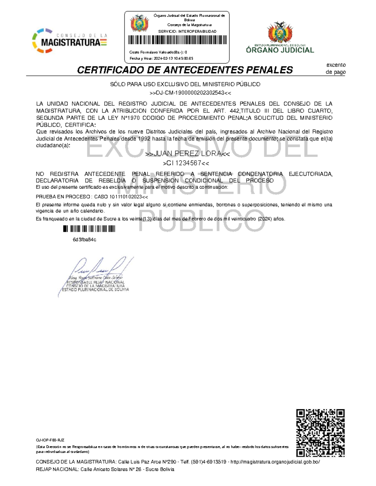 Rejap - Certificado de Antecedentes Penales para el Ministerio Público - Document Preview