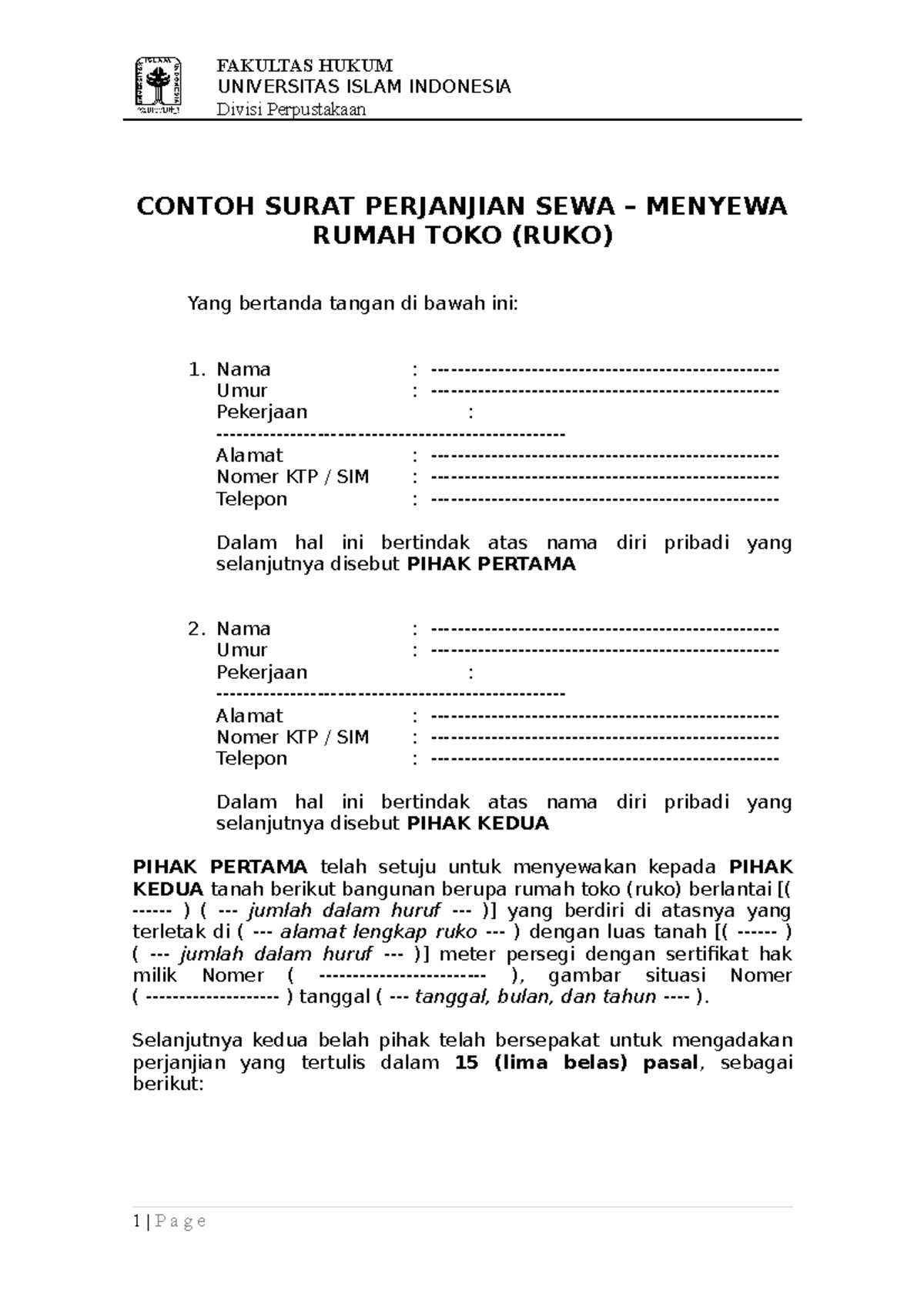 Contoh Surat Perjanjian Sewa Menyewa Ruko FH UII - Panduan Lengkap - Document Preview