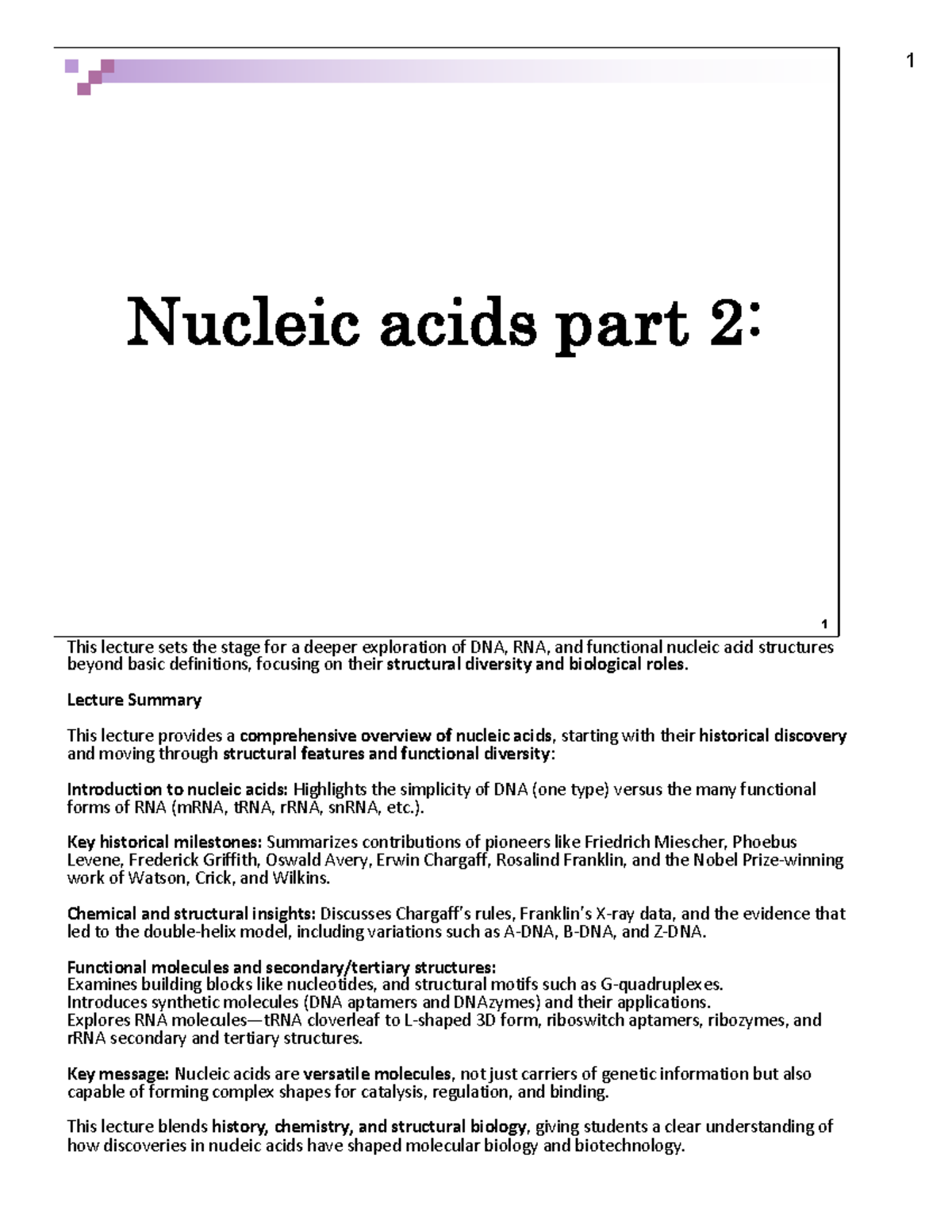 2025 2B03 Lecture 03: Nucleic Acids Part 2 Overview and Insights - Studocu