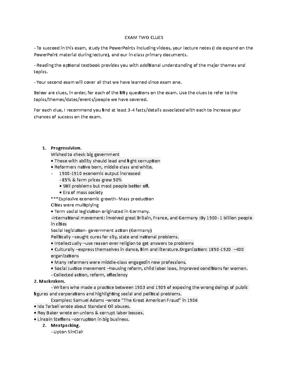 Mcglone History 106 study Guide for Exam 2 - EXAM TWO CLUES To succeed ...