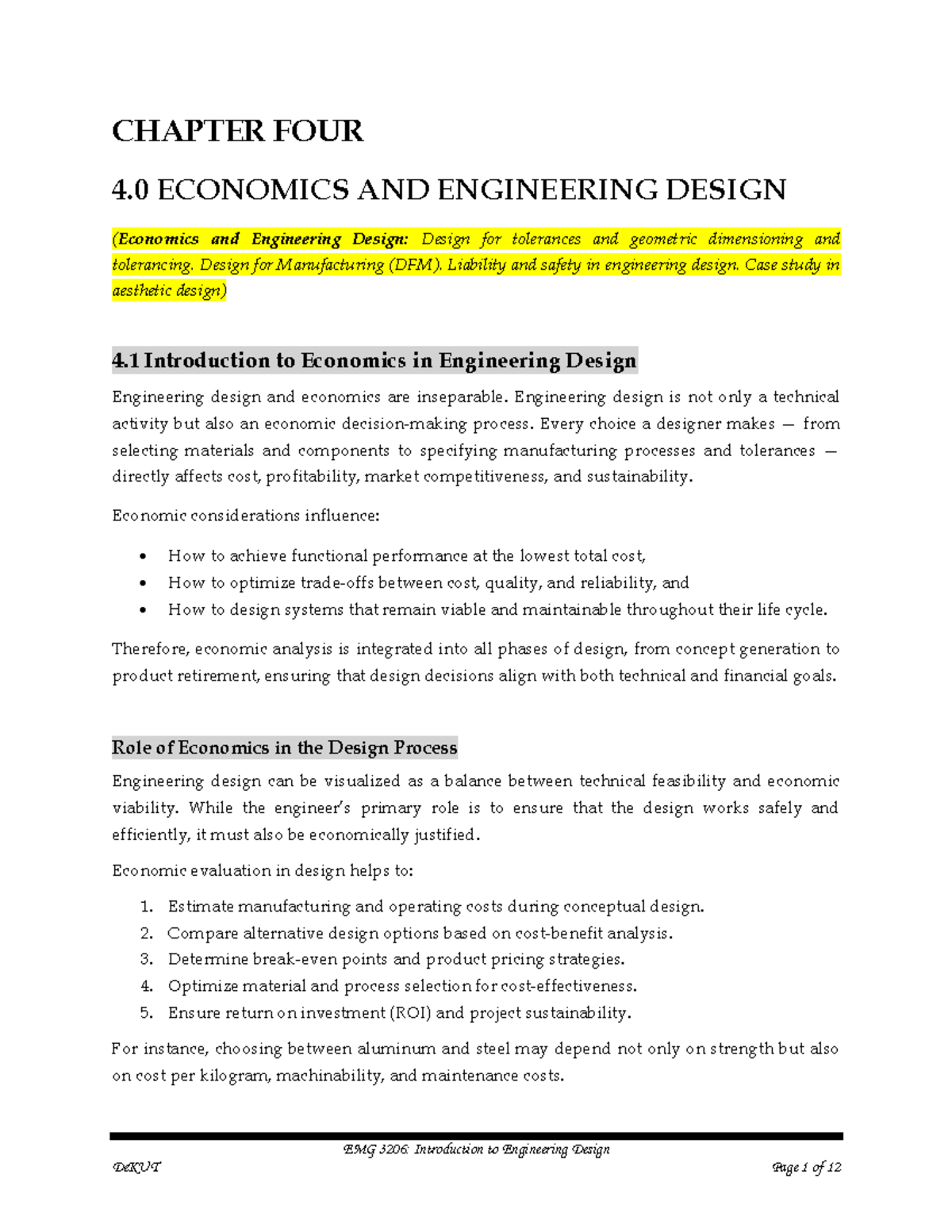 EMG 3206: Chapter 4 - Economics and Engineering Design Insights - Studocu