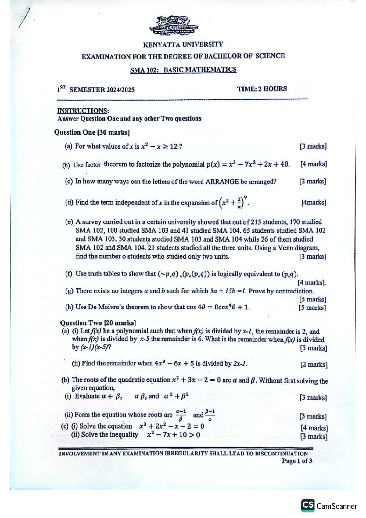 SMA 102: Basic Mathematics 1st Semester Exam Review Notes - Studocu