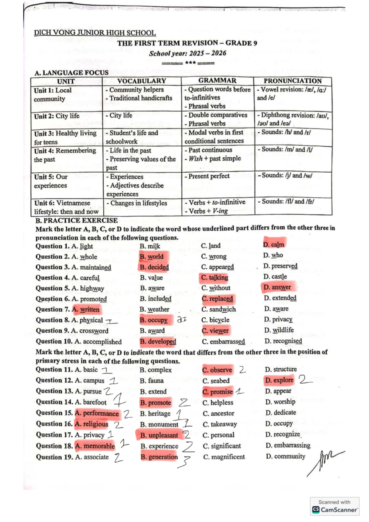 KEY DICH VONG L9 CK1 25-26: FIRST TERM REVISION GRADE 9 - Studocu