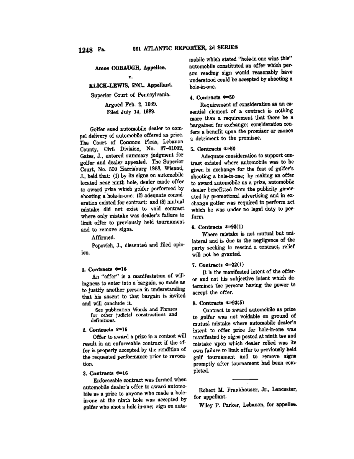 Hole in One case contracts-2 - 1248 Pa. 561 ATLANTIC REPORTER, 2d ...