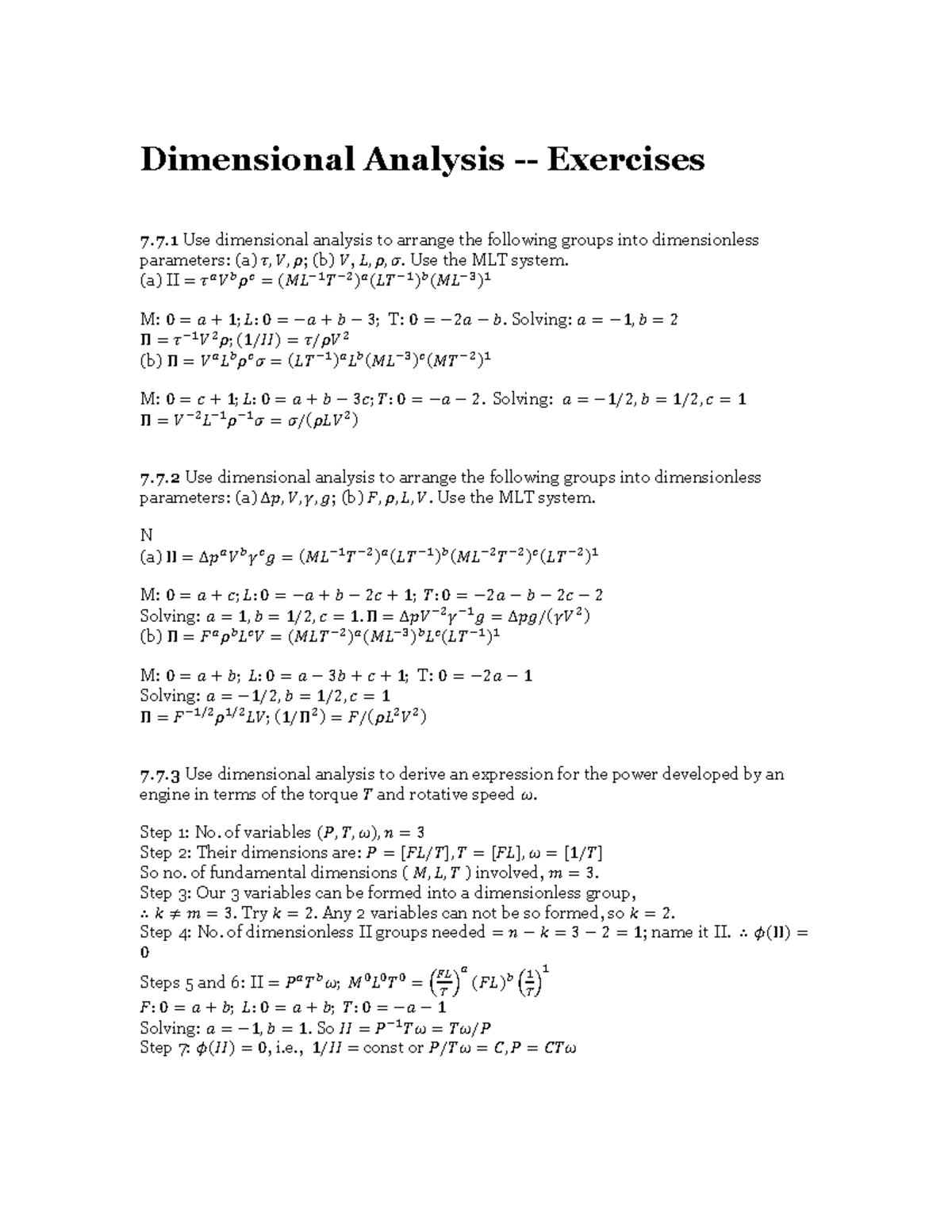 Dimensional Analysis Exercises for MLT: Understanding Parameters - Studocu