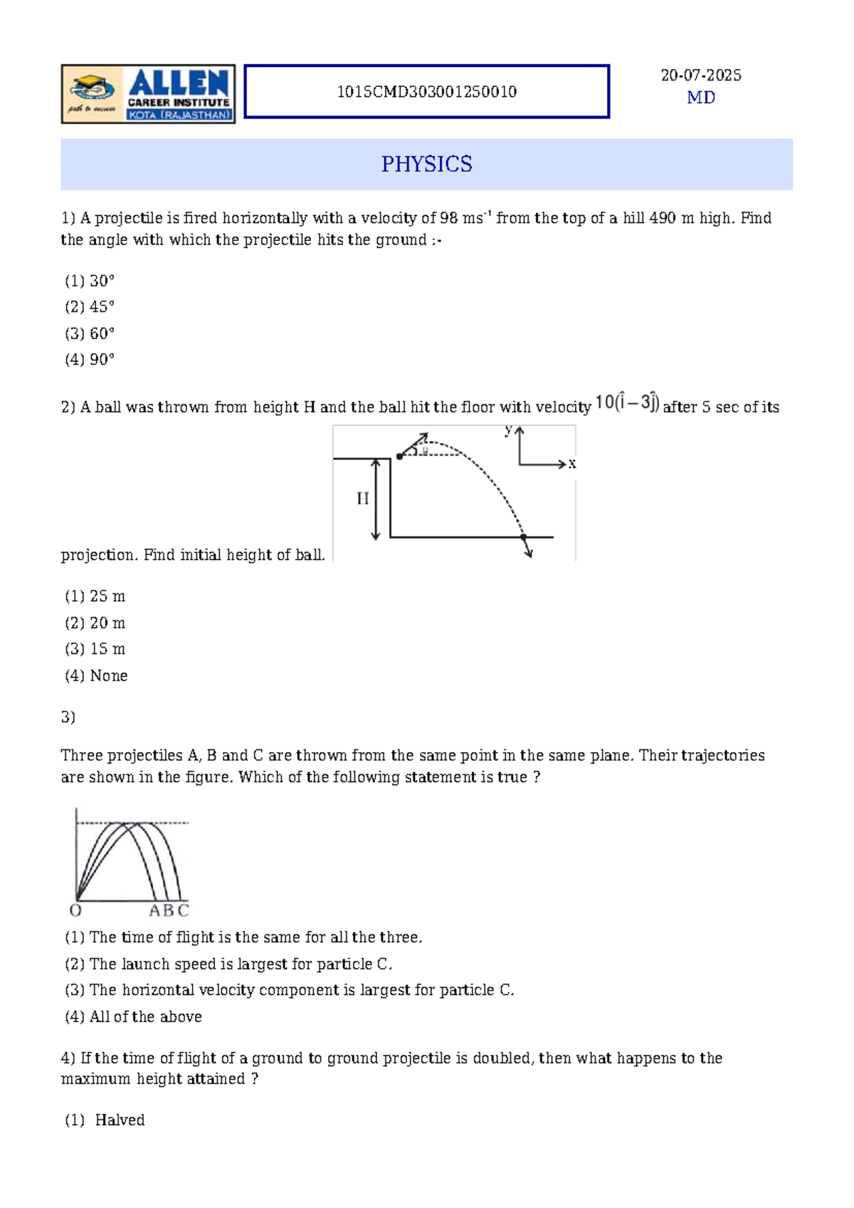 1015CMD303001250010 MD PHYSICS: Projectile Motion & Kinematics ...