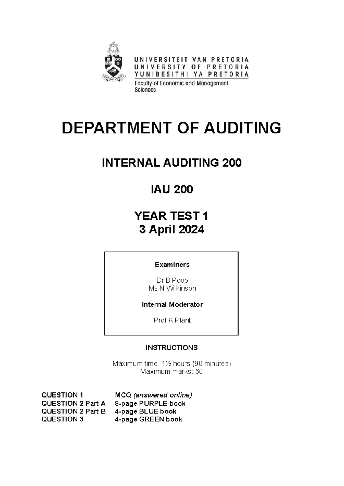 IAU200 YT1 2024 Internal Auditing Year Test 1 Guidelines and Questions ...