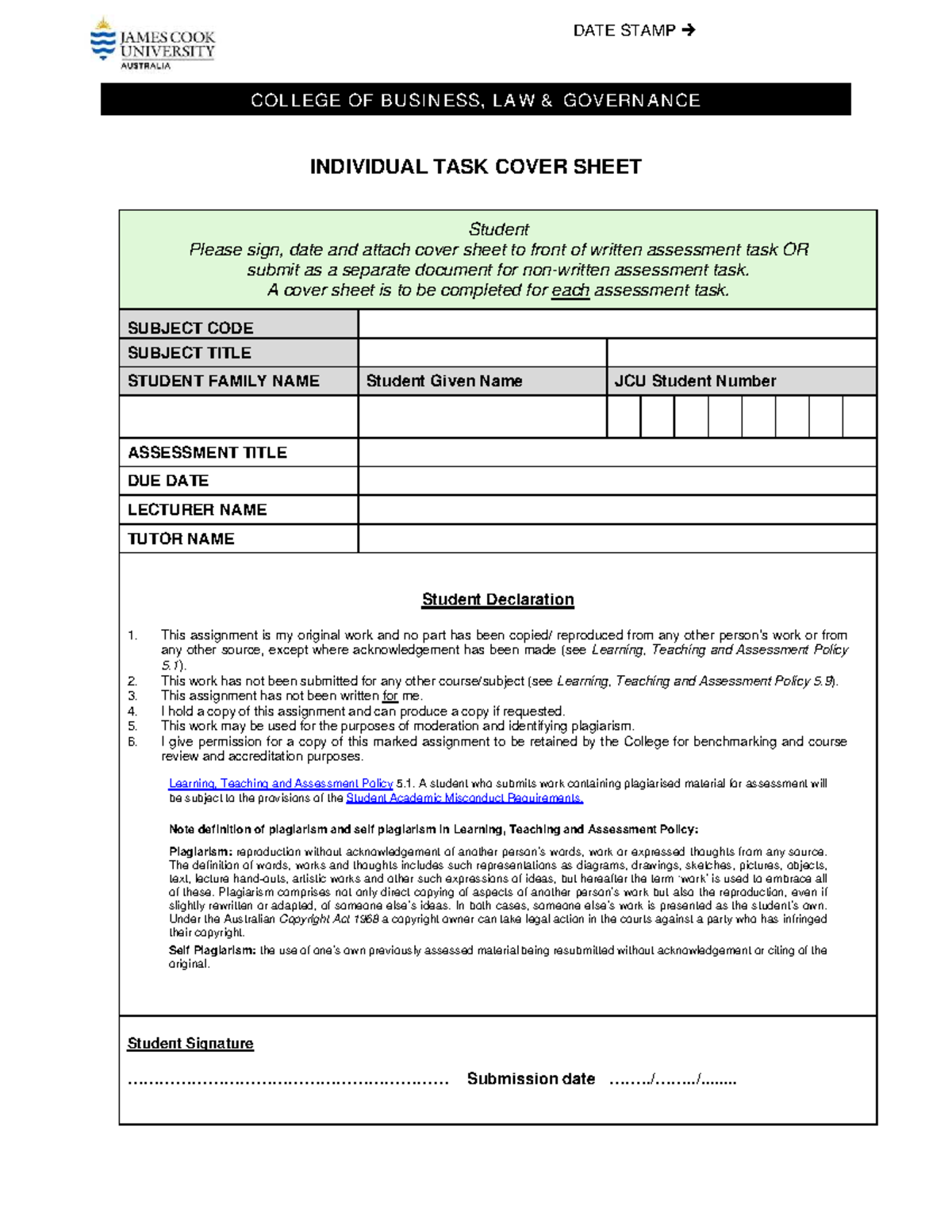 JCU Business Law Individual Task Cover Sheet - Studocu