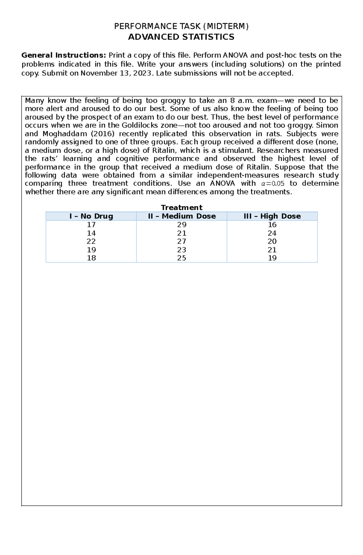 Midterm PT: ANOVA in Advanced Statistics Analysis - Studocu