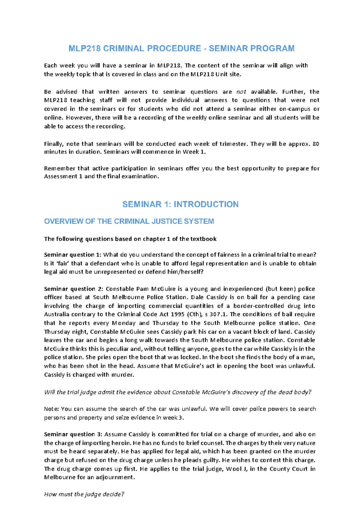 MLP218 Criminal Procedure Seminar: Week 1 Overview & Questions - Studocu