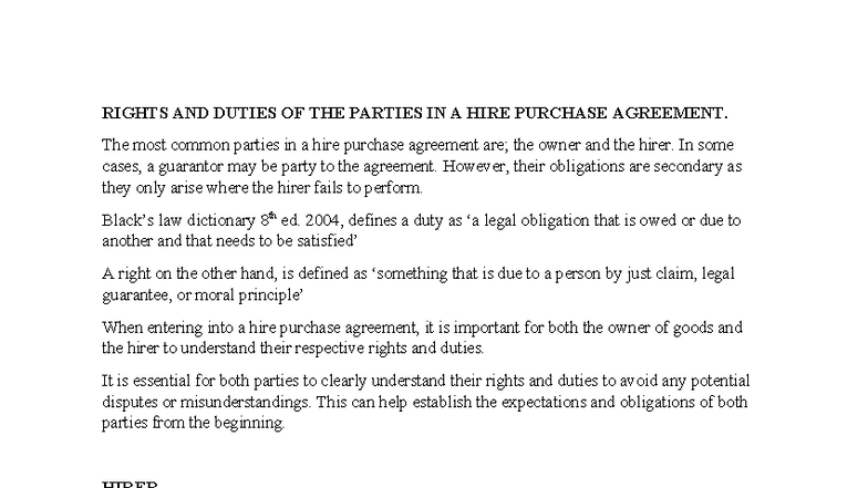 Rights and Duties in Hire Purchase Agreements: A Comprehensive Guide ...