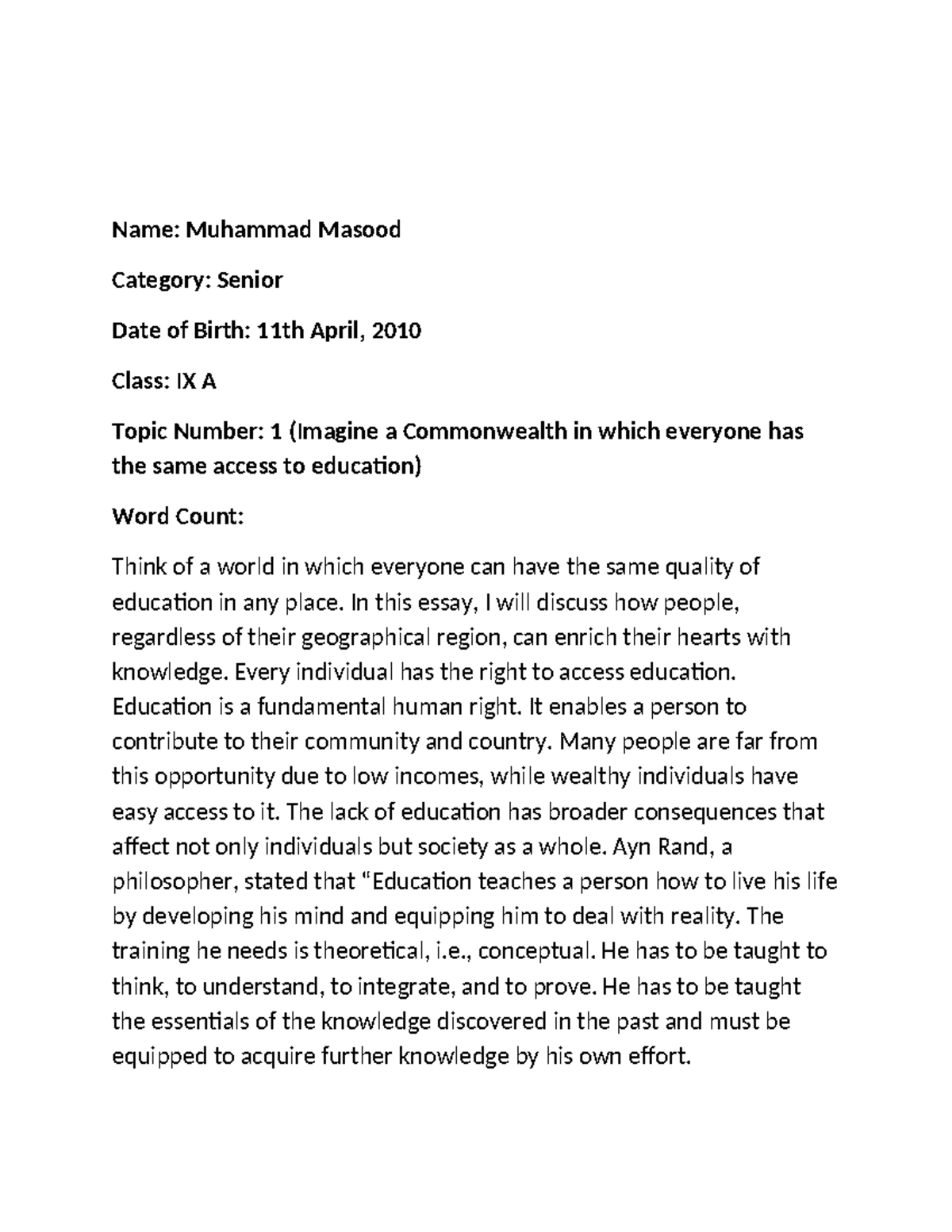Commonwealth Essay: Equal Access to Education - M. Masood IX A - Studocu