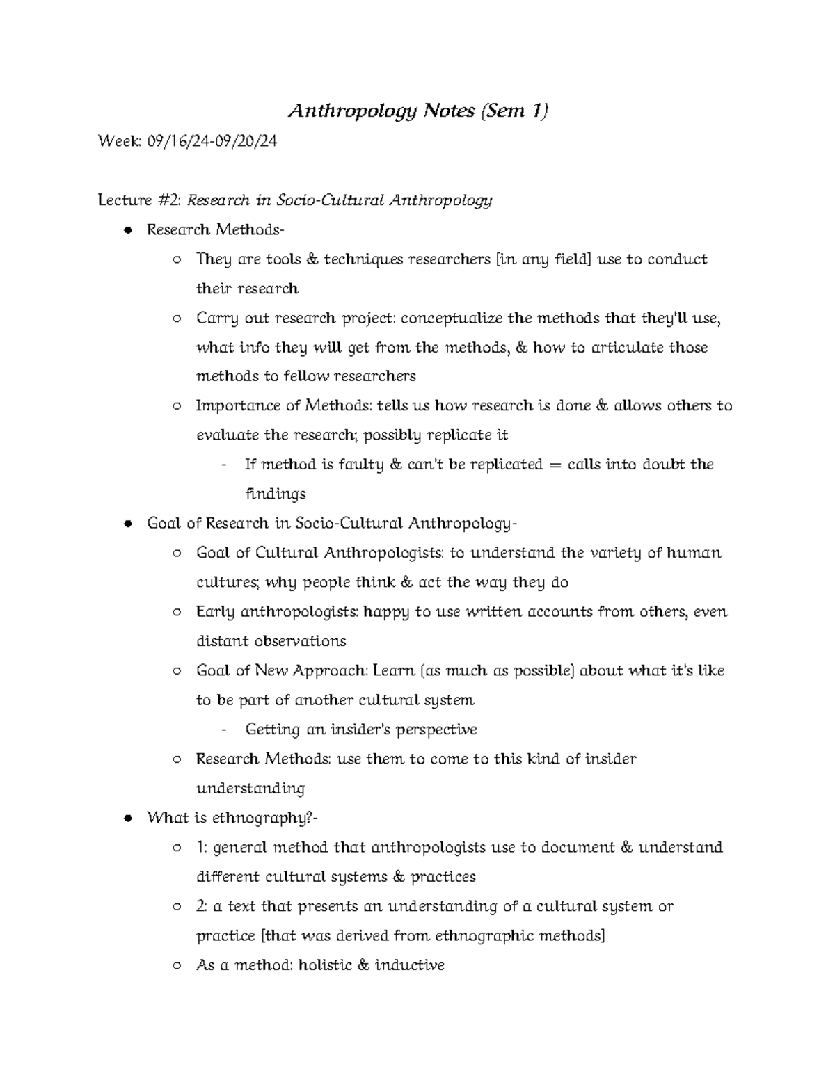 Anthropology Lecture Notes (Sem 1) Week 3: Research Methods in ...