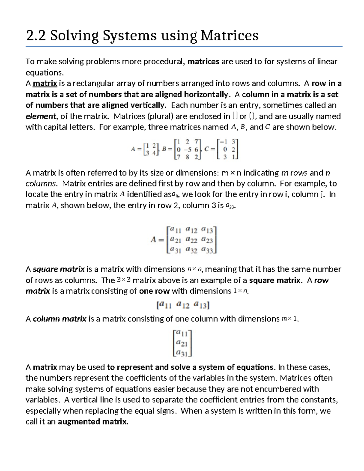 2.2 Solving Systems of Linear Equations with Matrices - Overview - Studocu
