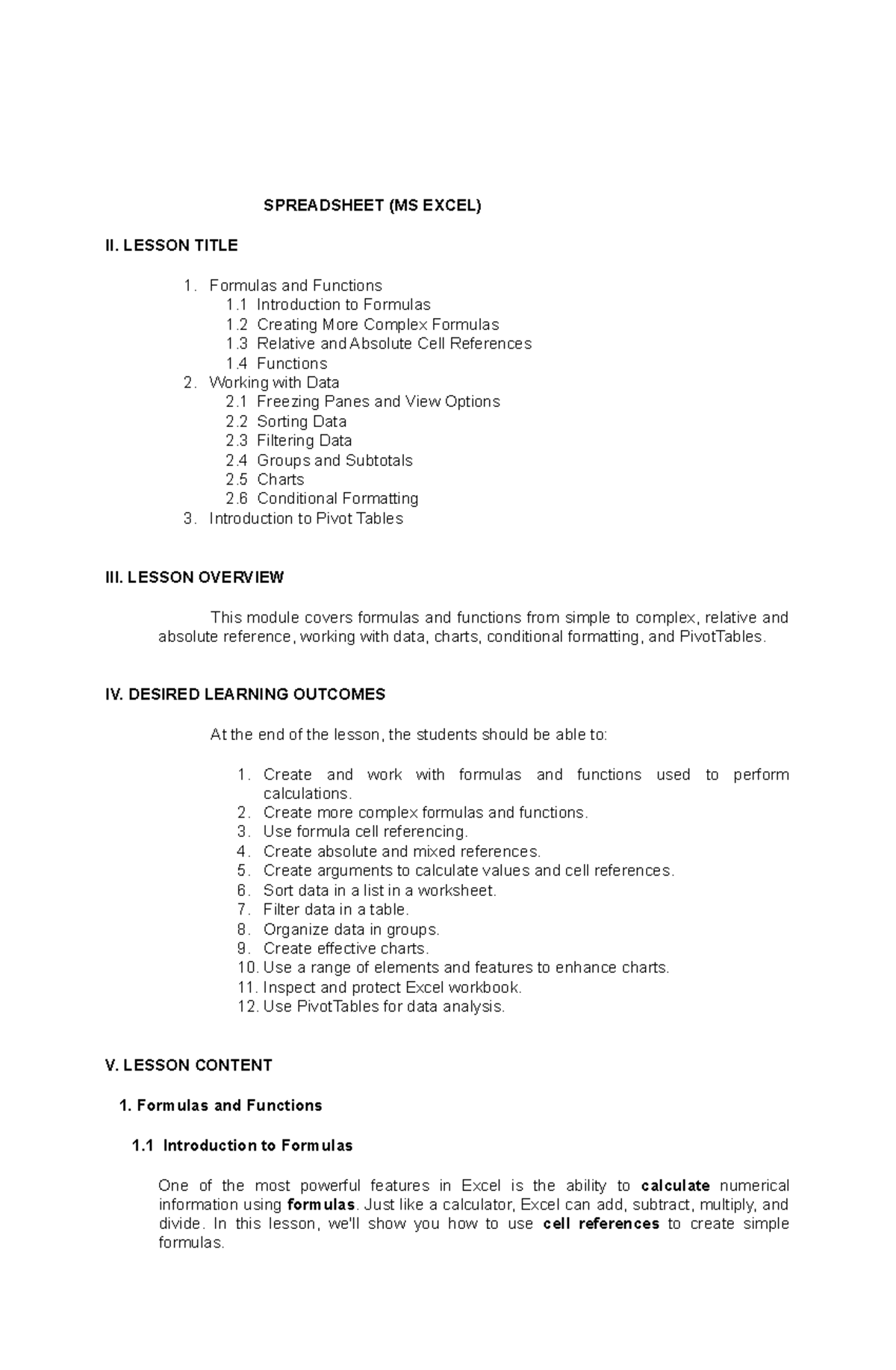 SCC5 - Excel Formulas and Functions: Lesson Overview & Activities - Studocu