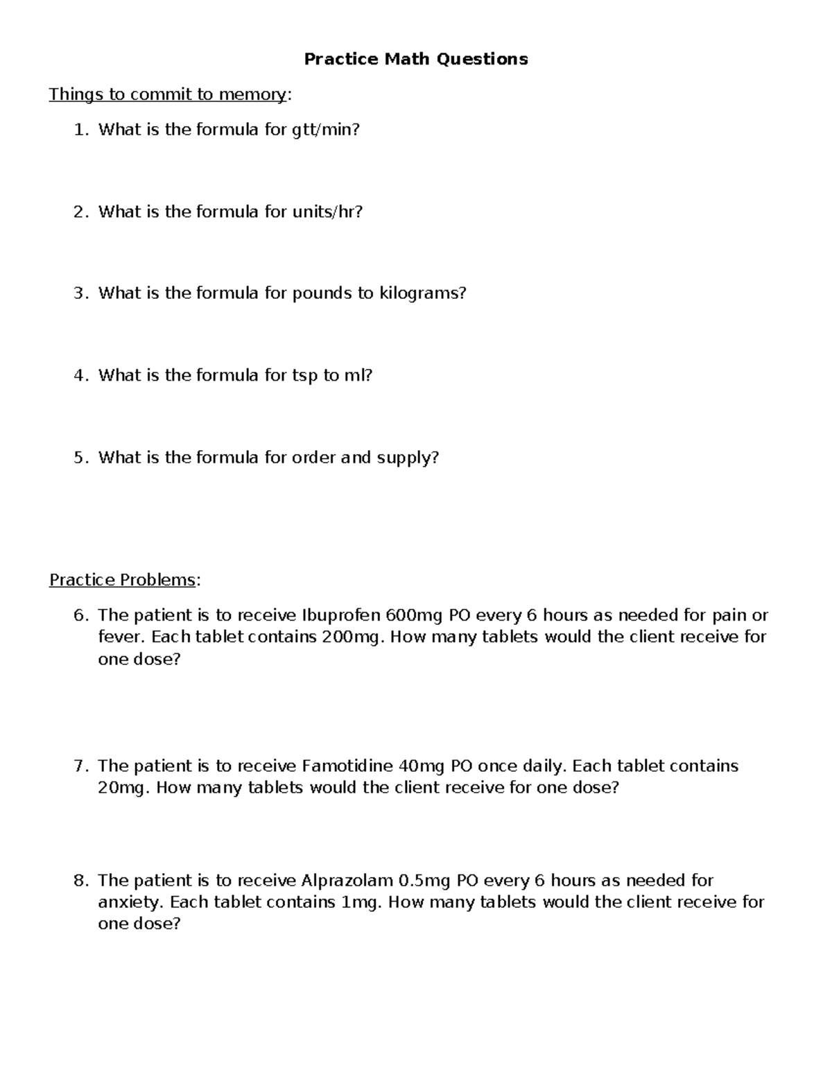 NUR 101: Practice Math Questions for Nursing Students - Studocu