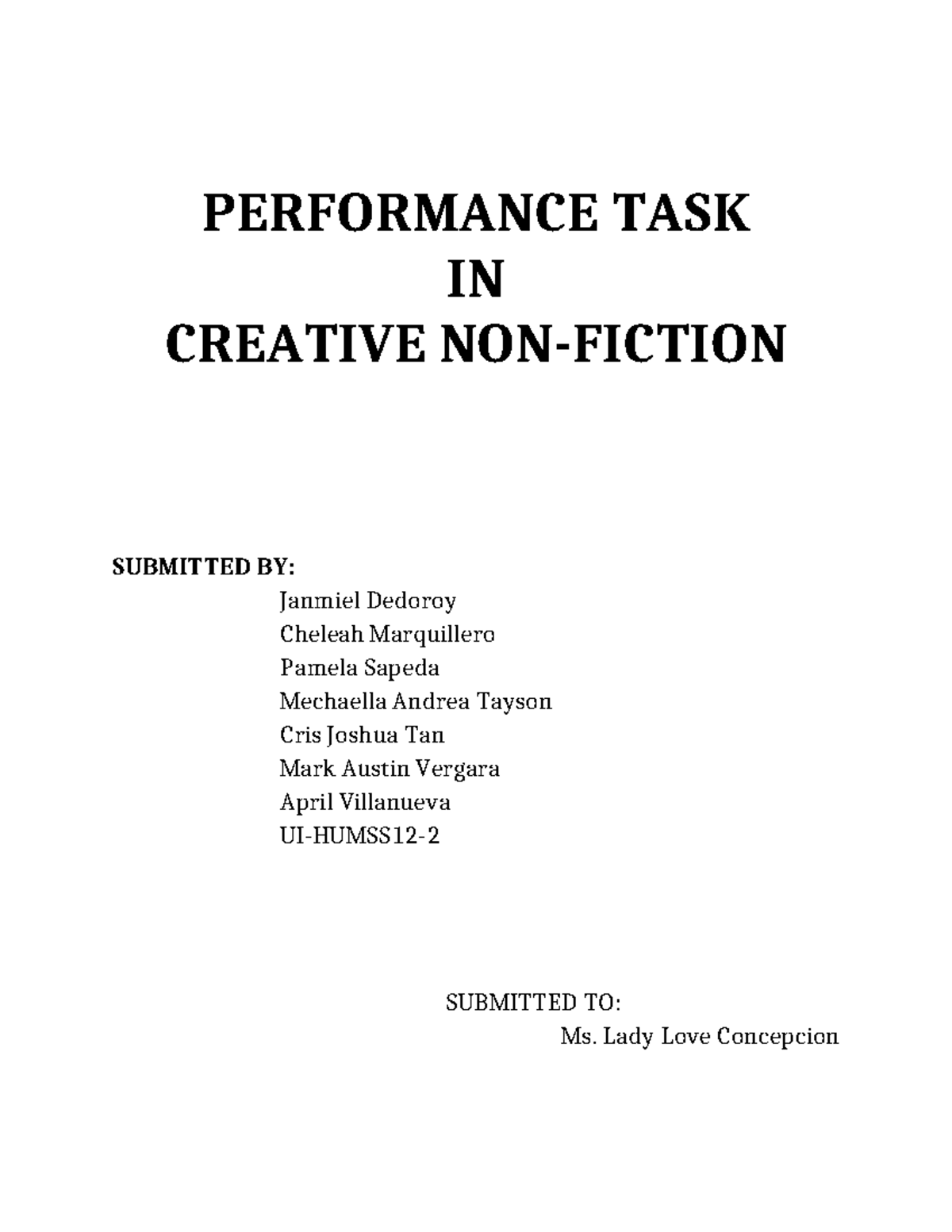 Creative Non-Fiction Performance Task - UI-HUMSS12- Insights and ...
