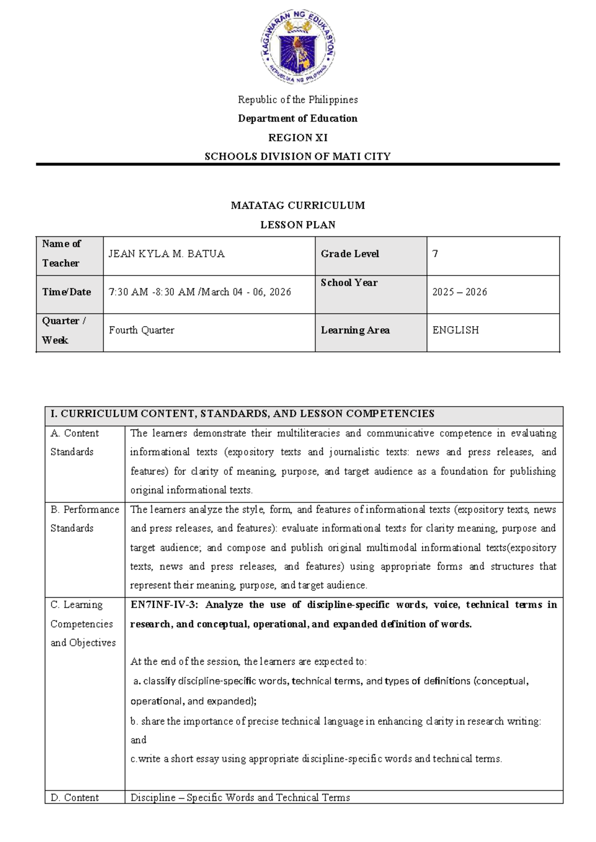 Matatag Curriculum Lesson Plan: English 7 - 4th Quarter - Studocu