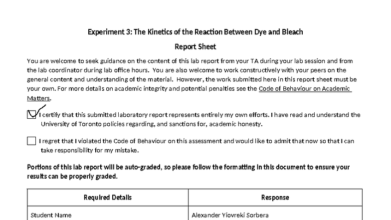 CHM135 Lab 3: Kinetics of Dye and Bleach Reaction Report - Studocu