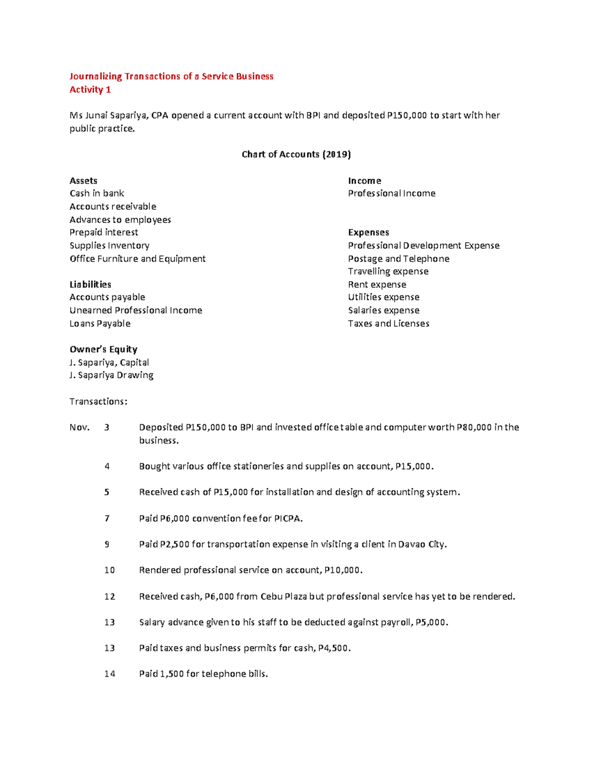 Service Business Transactions Journal - Assignment 1 (ACC101) - Studocu