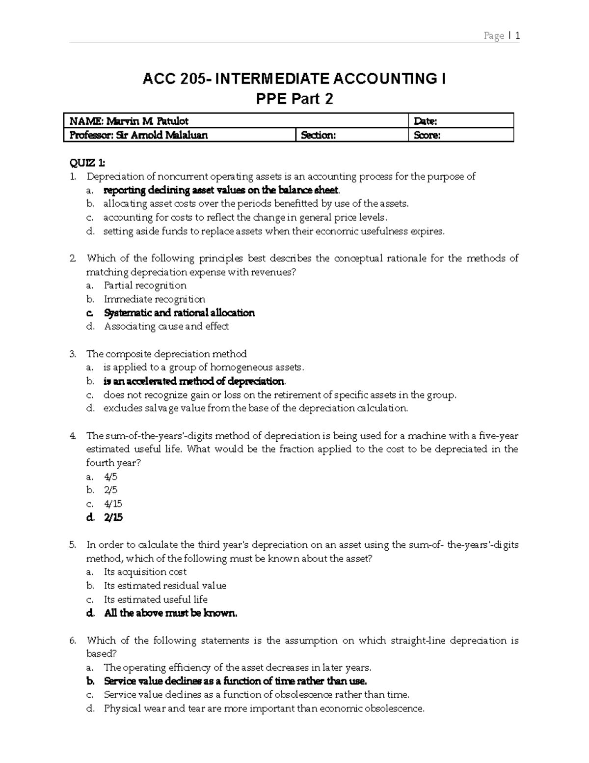 QUIZ ACC 205 - PPE Part 2: Key Concepts for Intermediate Accounting ...