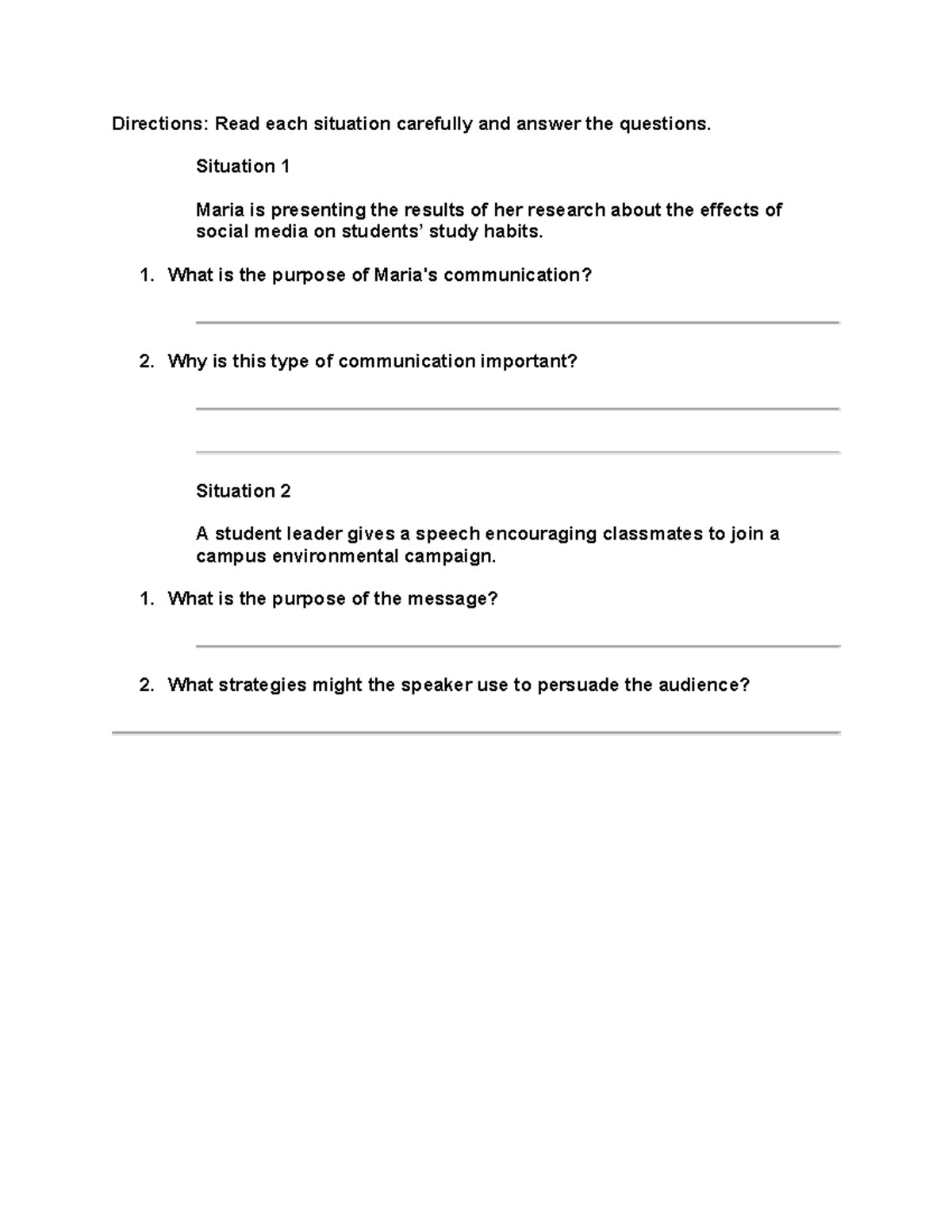 Directions - Academic - Directions: Read each situation carefully and ...