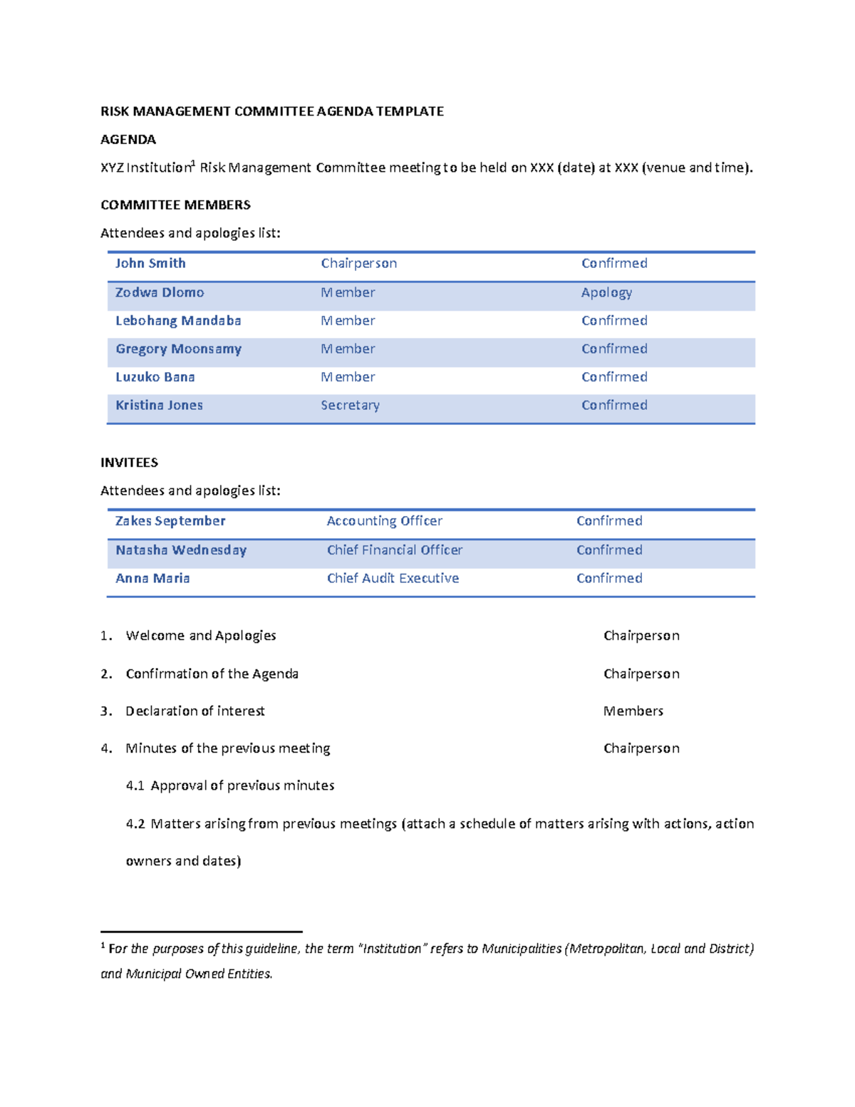 15. Risk Management Committee Agenda Template for Upcoming Meeting ...