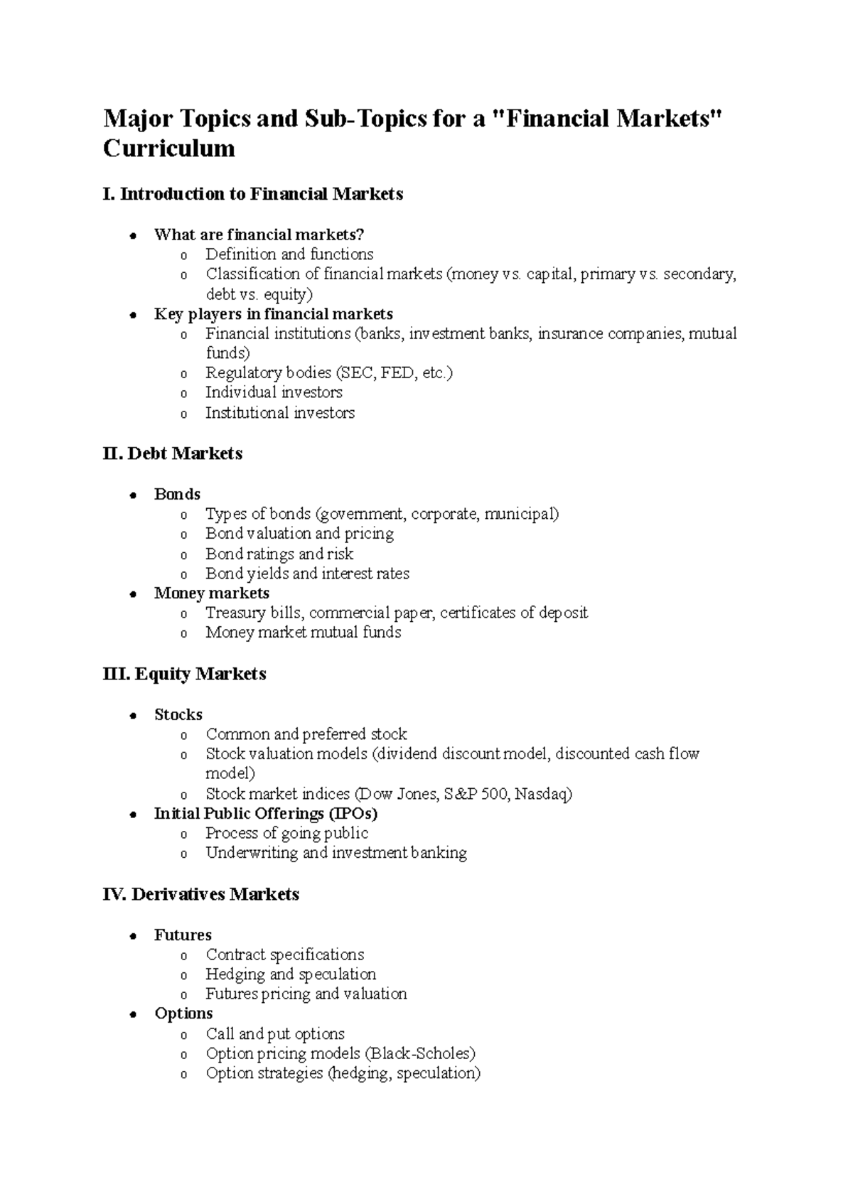 Financial-Markets - Lecture notes for Financial Markets - Major Topics ...