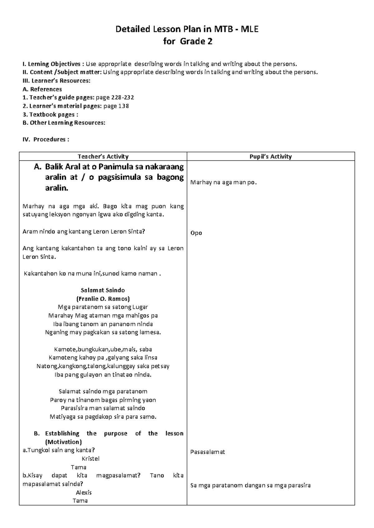 Detailed Lesson Plan for MTB-MLE Grade 2: Describing Words - Studocu