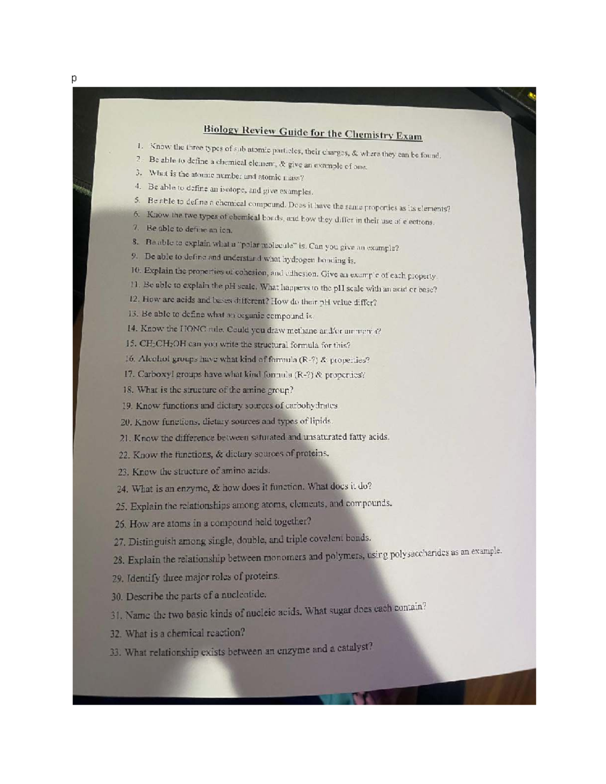 Biology Review Guide for Chemistry Exam 1: Key Concepts and Definitions ...
