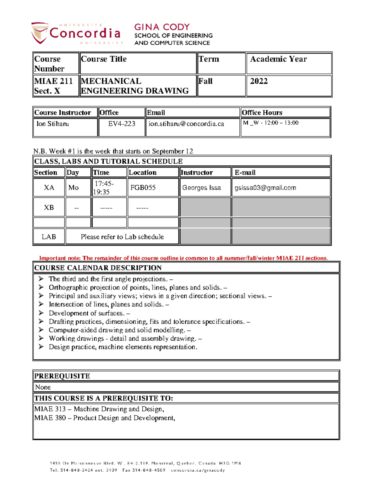 MIAE 211 - Mechanical Engineering Drawing Course Outline Fall 2022 ...