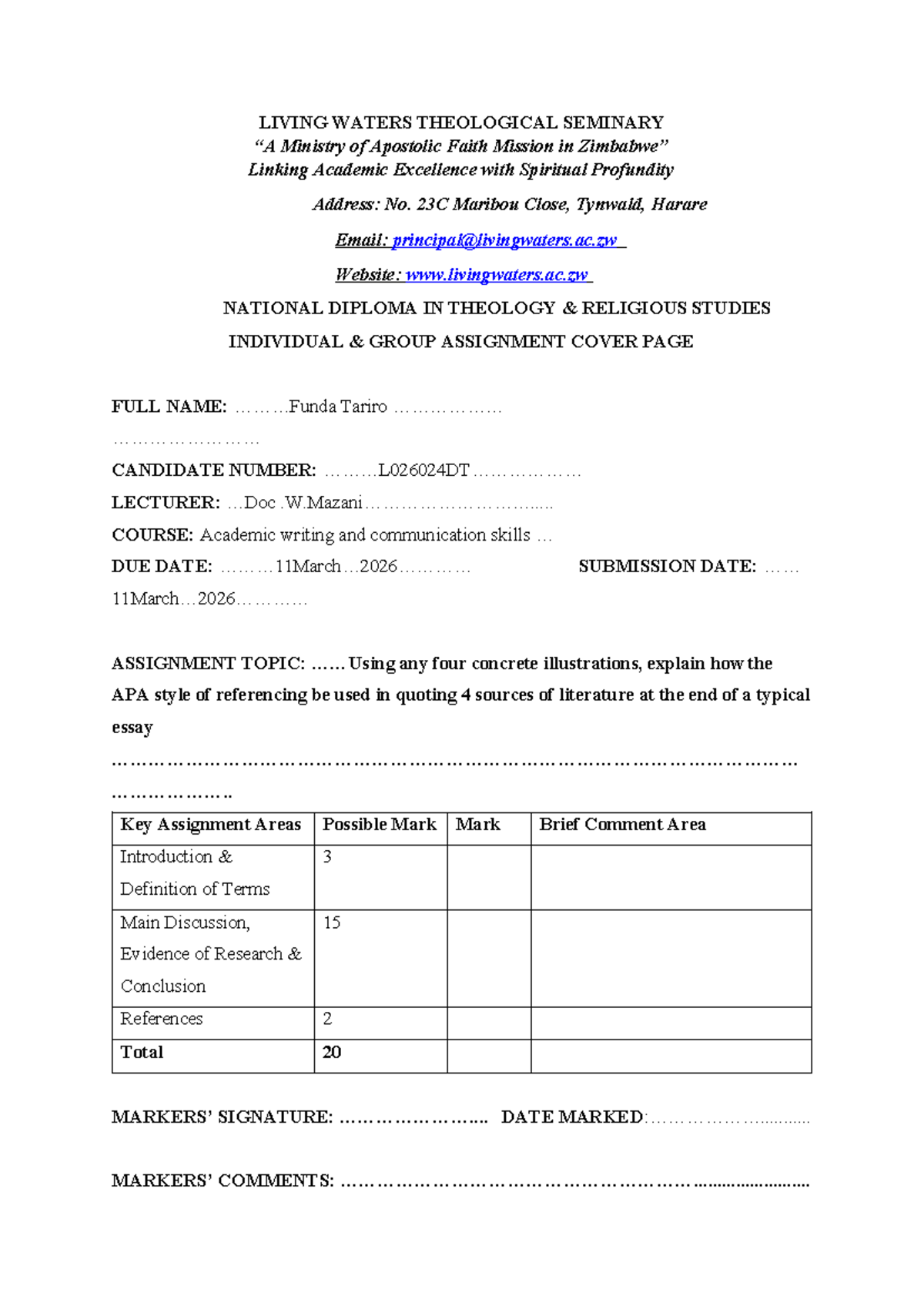 NDT 101: Academic Writing & Communication Skills Assignment Cover Page ...