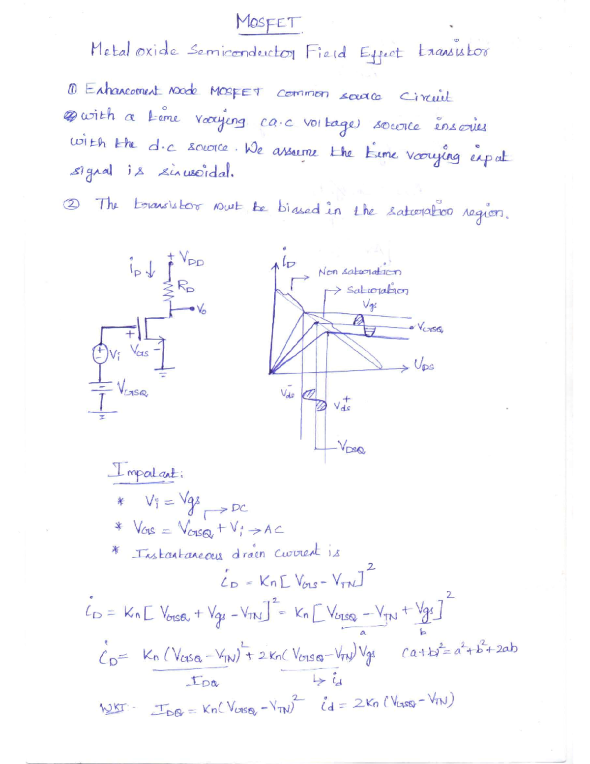 MOSFET Notes: Enhancement Mode Common Source Circuit Analysis - Studocu