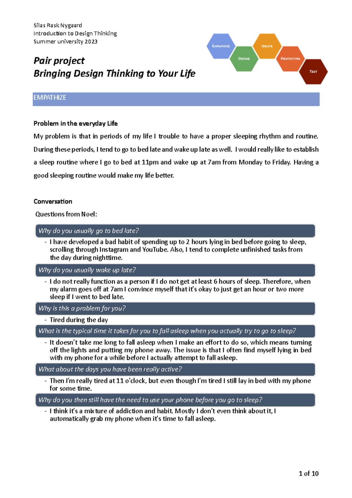 Design Thinking Project: Improving My Sleep Routine - Studocu